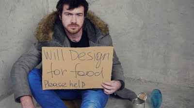 stock footage unemployment homeless designer sittin on the floor and asking for help