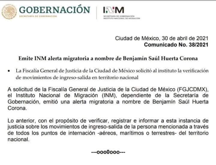 Instituto de Migración lanzó alerta para que Saúl Huerta no escape del país