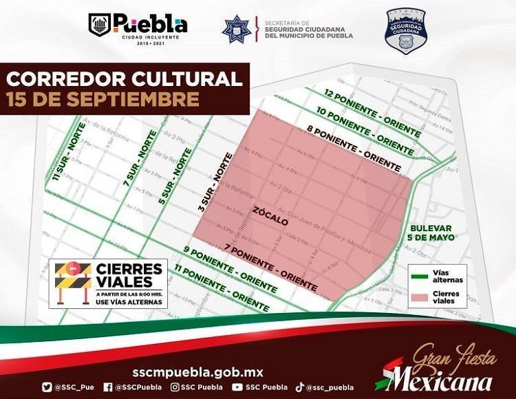 Cierre de calles en el centro de Puebla por el 15 de septiembre.