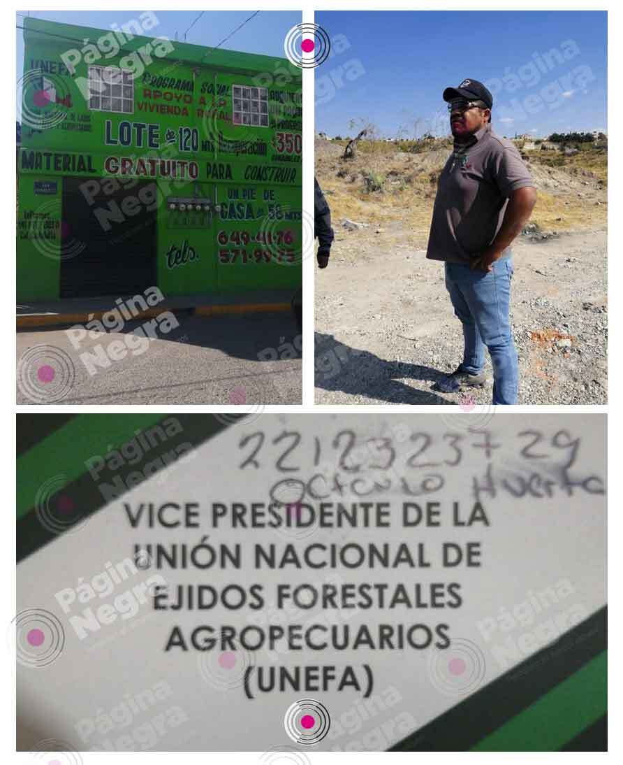 Oficinas de la UNEFA en Totimehuacán, donde venden los lotes irregulares de 120 metros cuadrados. Uno de los hombres que llegó a intimidar a la propietaria y la tarjeta del hermano de Saúl Huerta.