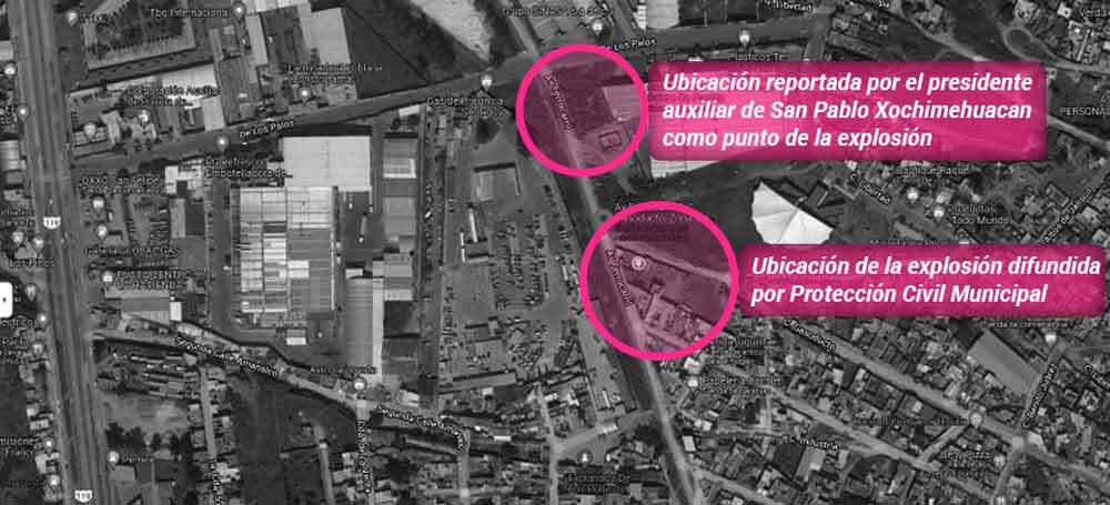 diferencia de la zona afectada con la reportada por el presidente auxiliar y la de la explosión