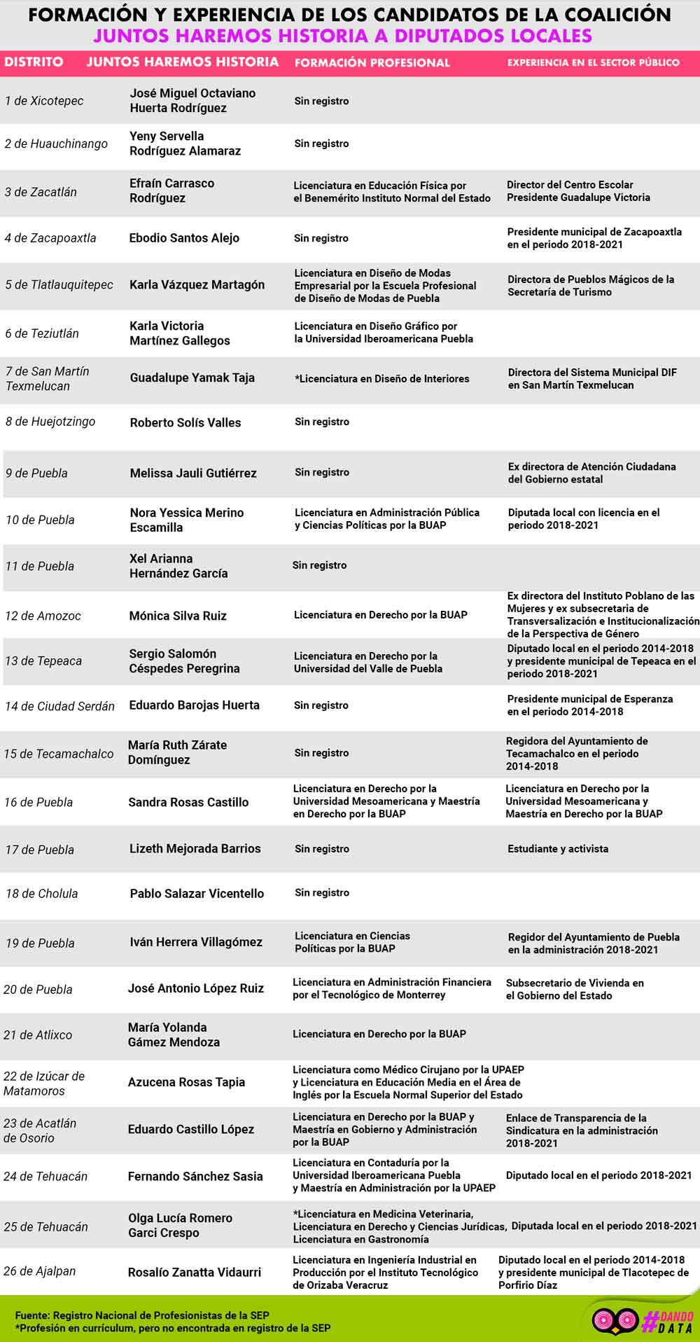 Experiencia en el sector público y formación profesional de los candidatos a diputados locales de Juntos Haremos Historia