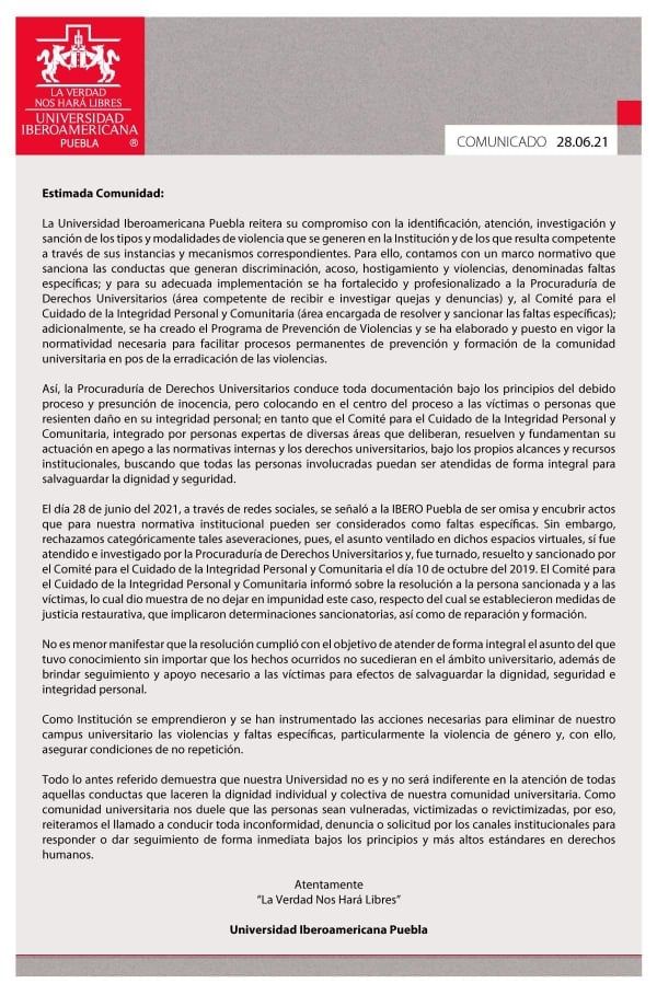 Comunicado de la Ibero en respuesta a la acusación contra su egresado Miguel N.