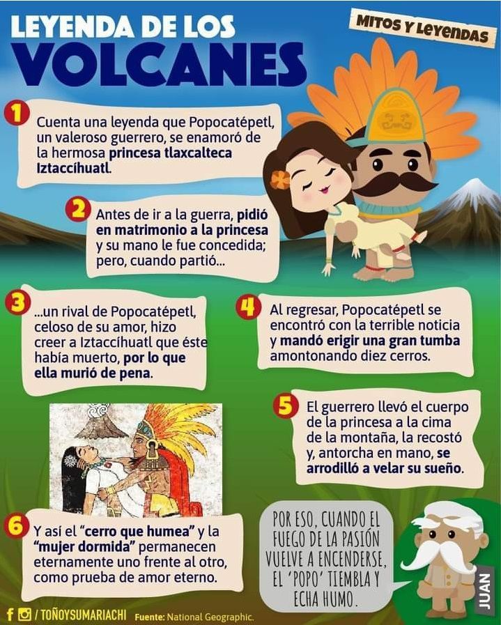El Popocatépetl fue un gran guerrero. Antes de partir a una nueva batalla pidió la mano de la princesa tlaxcalteca Iztaccíhuatl y se la concedieron, pero otro guerrero que tenía envidia de él, le dijo a ella que su amado había muerto e Iztaccíhuatl cayó muerta por la pena de amor.