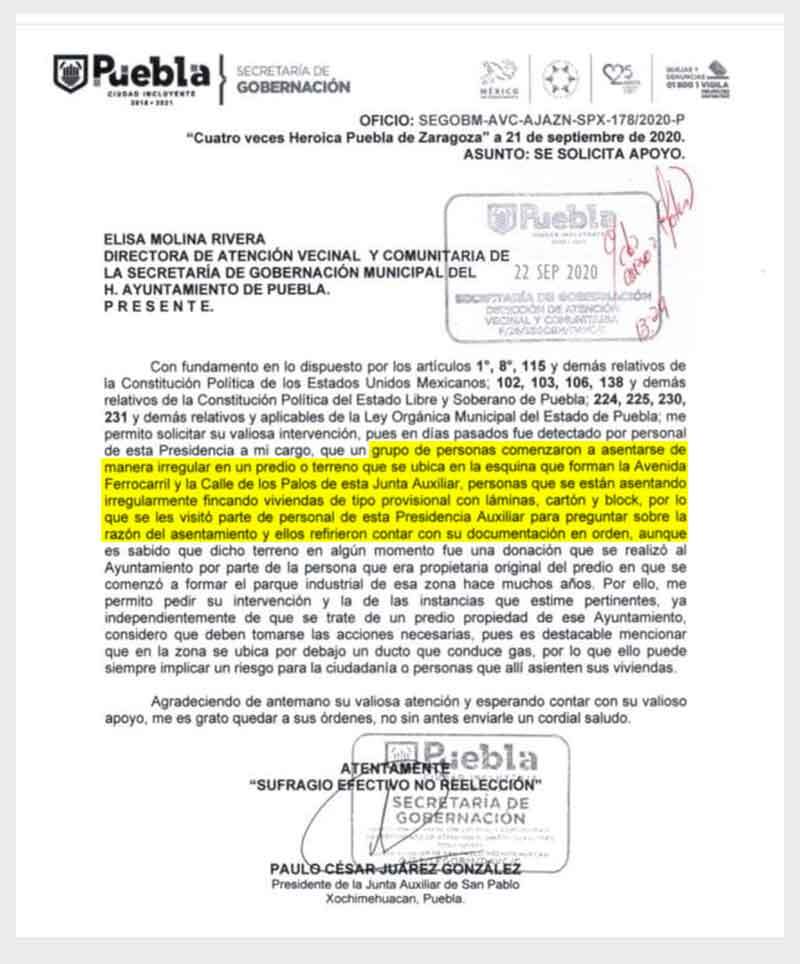 oficio del presidente auxiliar de San Pablo Xochimehuacan