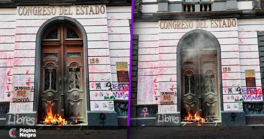 Arden puertas del Congreso de Puebla en la marcha 8M
