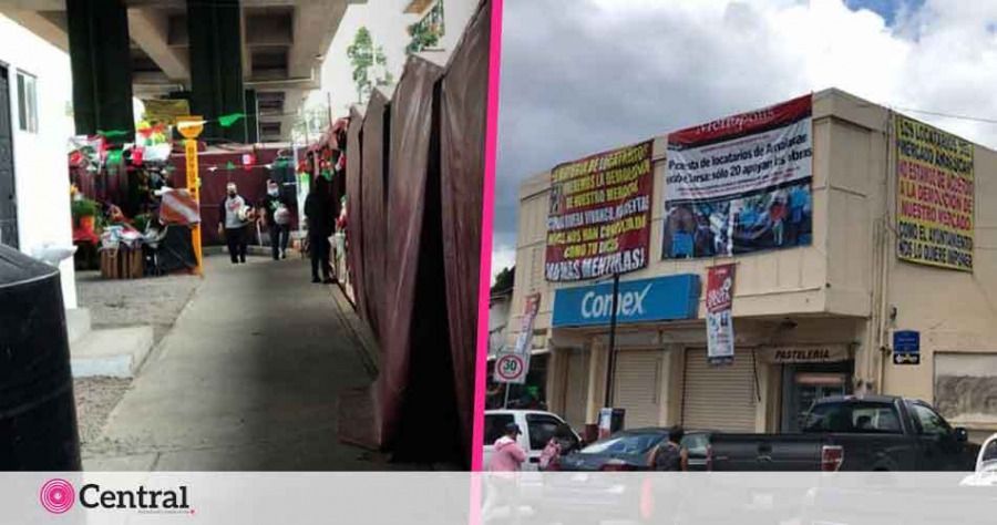 Locatarios han colocado lonas para exigir a la Sedatu iniciar las obras.