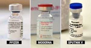 Ampolletas con las vacunas de Pfizer, Moderna y Sputnik.