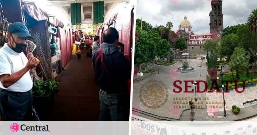 Las obras de remodelación que la Sedatu planeó para el Mercado Amalucan y el Zócalo de Puebla siguen en pausa
