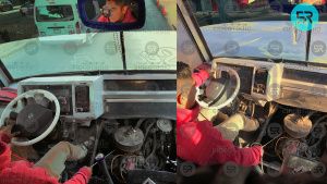 Creatividad nivel: Chofer en Puebla acelera su microbús jalando un cable
