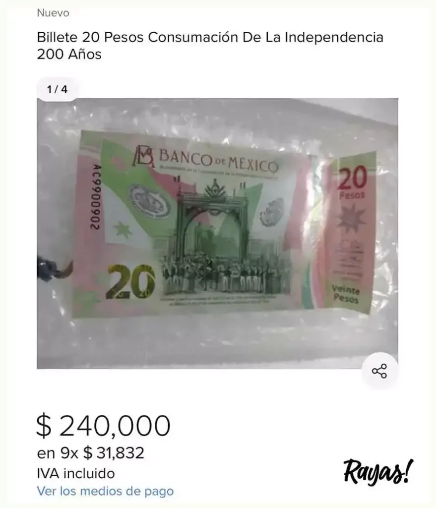 Billete de 20 pesos.