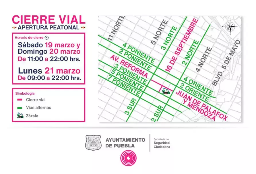 Este es el mapa de las calles que serán peatonales en el Centro Histórico de Puebla