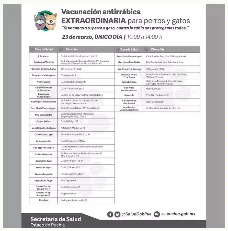 Vacunación antirrábica en Puebla.