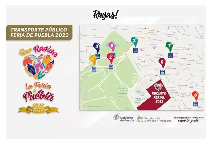 Ubicaciones del transporte público por la Feria en Puebla. 