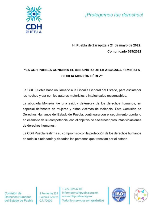 La CDH condena el asesinato de la activista Cecilia Monzón en Puebla