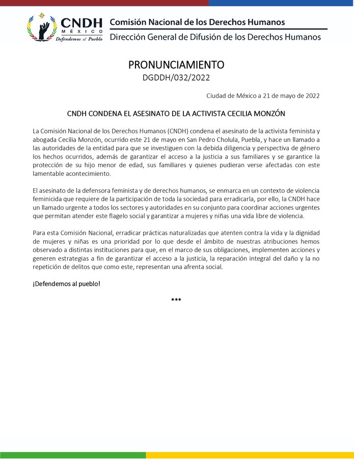 La CNDH condena el asesinato de la activista Cecilia Monzón en Puebla