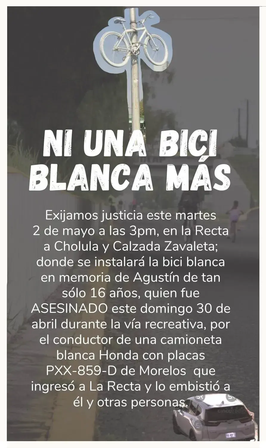 Colocarán ciclistas bici blanca en la Recta a Cholula en memoria de Agustín.
