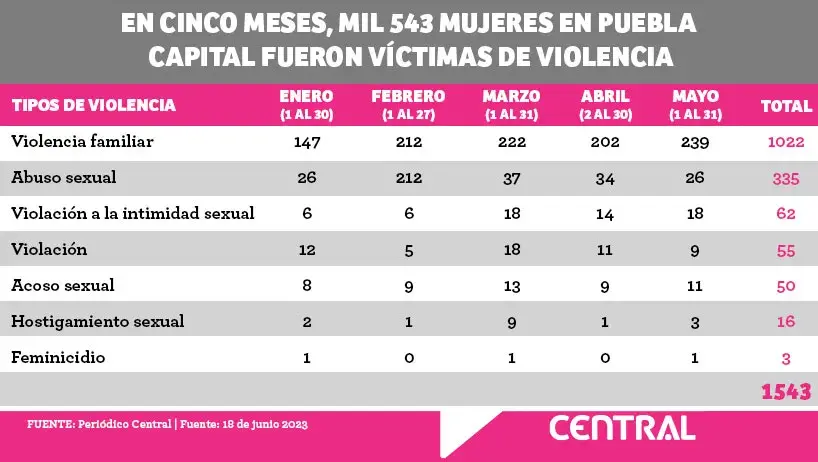 En cinco meses, mil 543 mujeres en Puebla capital fueron víctimas de violencia