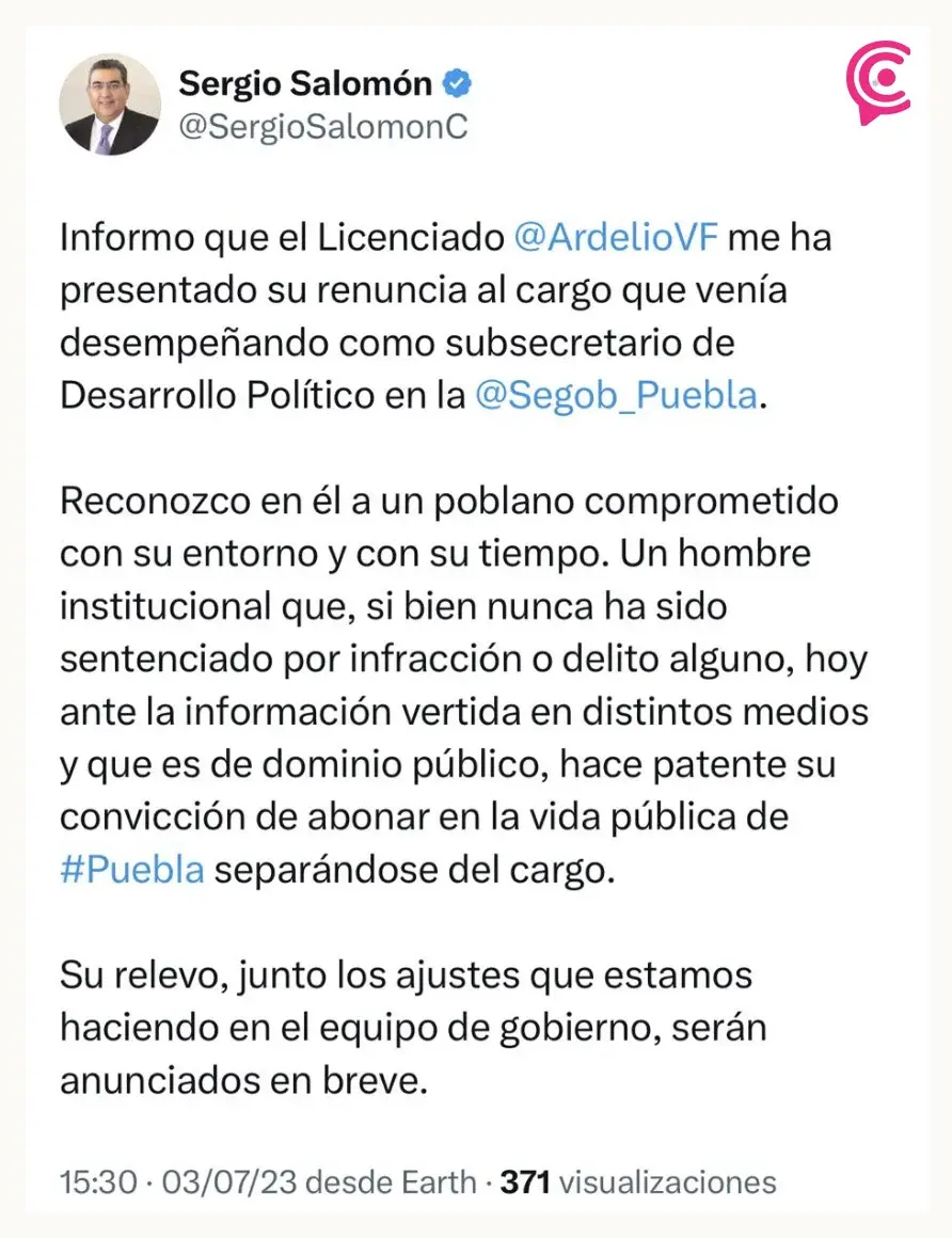 Ardelio Vargas Fosado renuncia al gabinete de Sergio Salomón Céspedes.