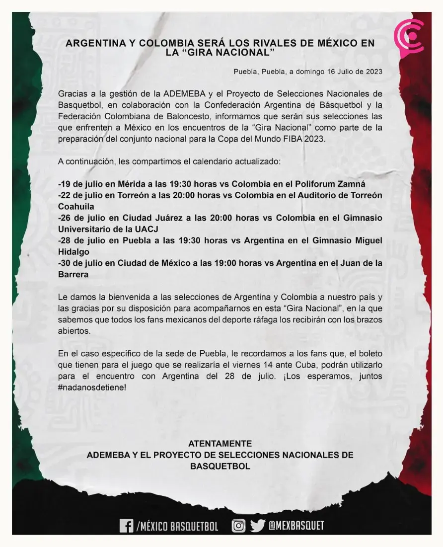 La Selección Mexicana de Basquetbol enfrentará a Argentina en Puebla como parte de la Gira Nacional 